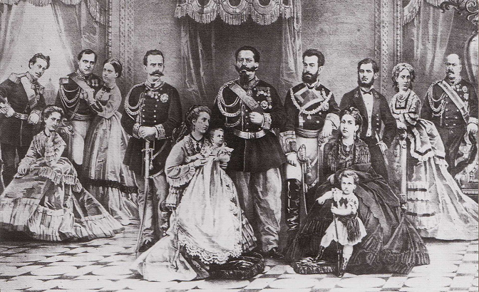 Famille royale d'Italie (1870) - Le roi et la reine de Portugal -le prince et la princesse Bonaparte - Le prince et la princesse de Pimont et leur fils - le roi d'Italie - Le roi et la reine d'Espagne et leur fils